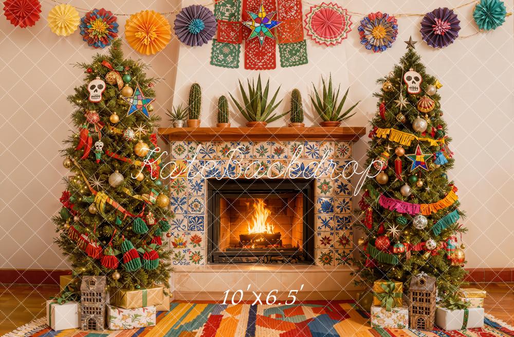 Kate Christmas Fireplace Tile Trees Fleece Backdrop Designed by Emetselch
