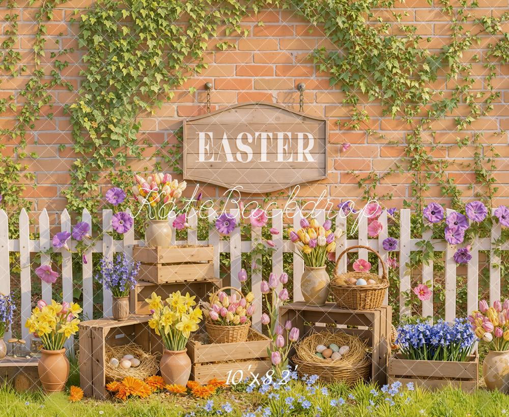 Kate Easter Flowers Eggs Brick Wall Backdrop Designed by Emetselch
