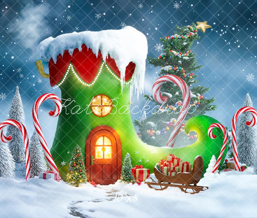 Kate Christmas Elf Shoe House Fleece Backdrop Designed by Emetselch