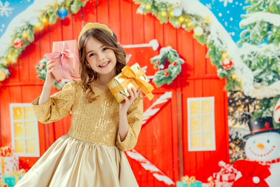 Kate Christmas Red Barn Snowman Presents Trees Backdrop Designed by Chain