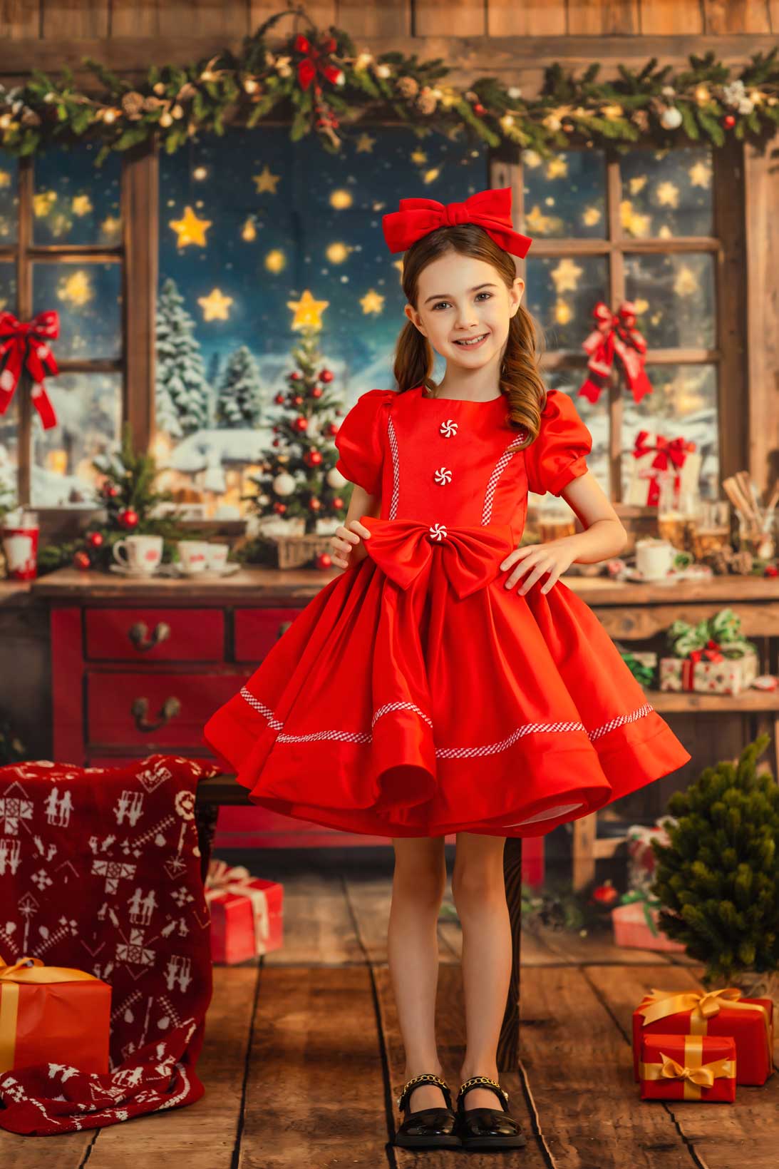 Kate Christmas Red Drawers Wooden Wall Gifts Backdrop Designed by Chain