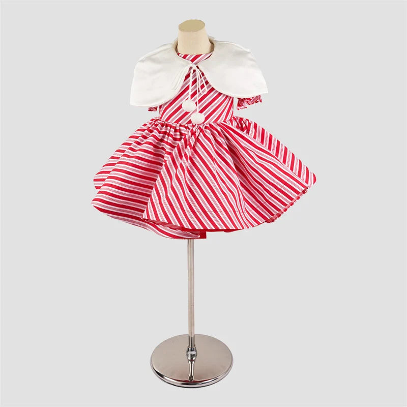 Kate Couture Christmas Candy Cane Red Striped Girls Dress with Cape for Photography - Kate Backdrop AU