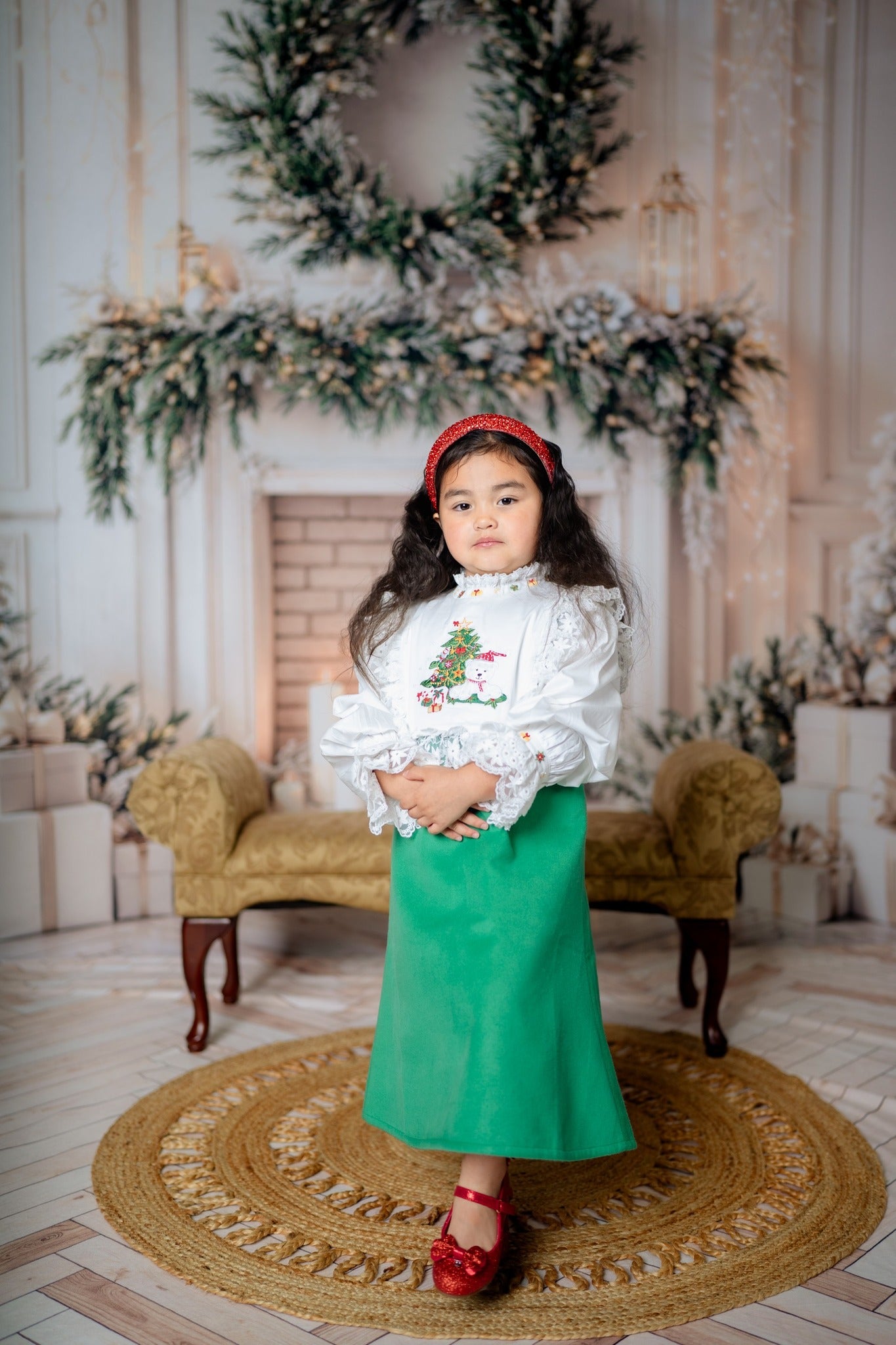 Kate Christmas Fireplace Wreath Trees Backdrop Designed by Emetselch
