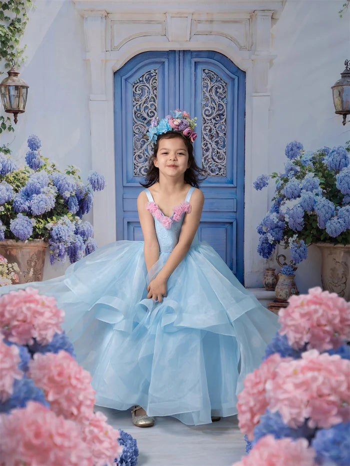 Kate Blue Flower Kids Dress for Photography(Without Headgear) - Kate Backdrop AU