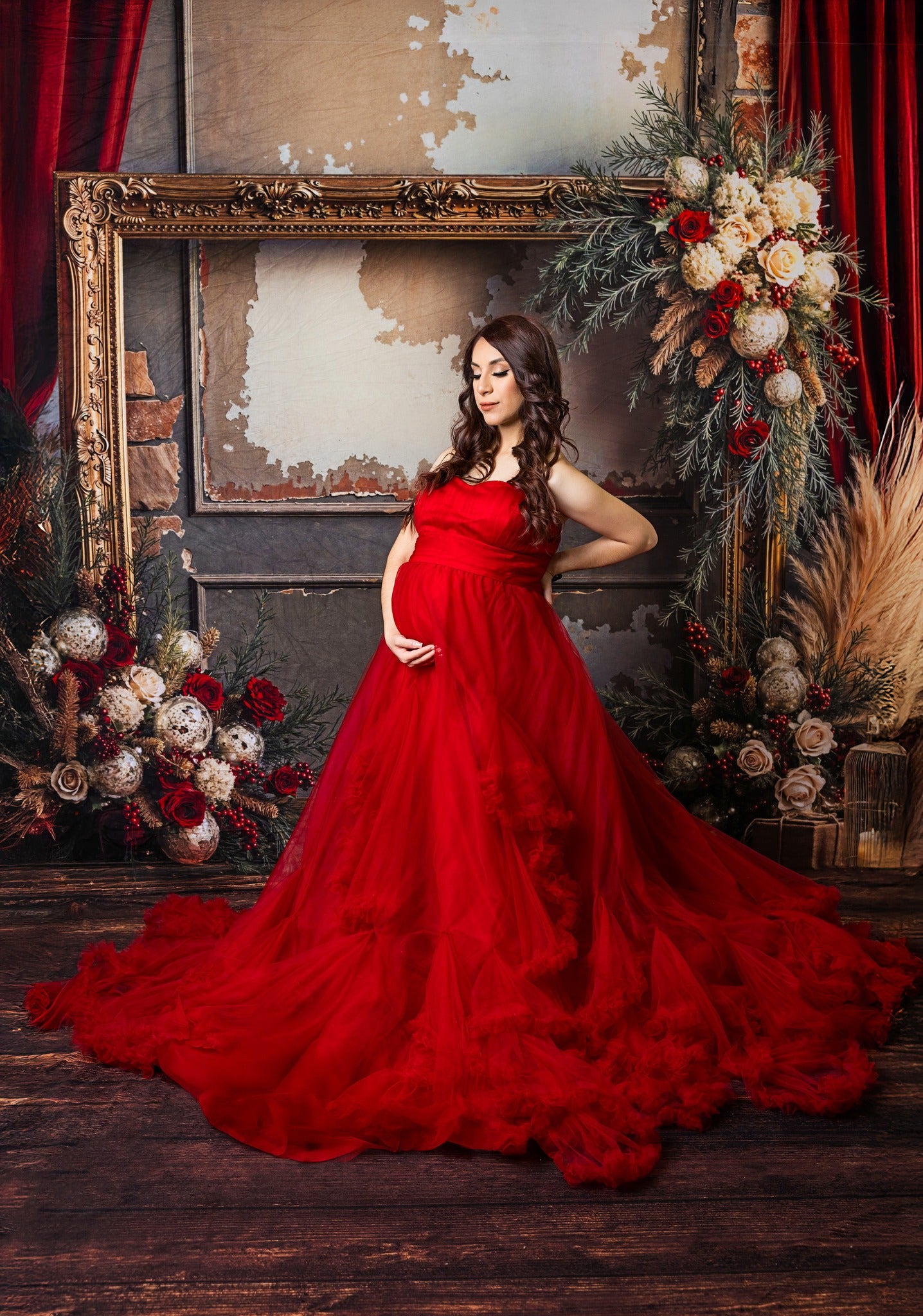 Kate One Shoulder Mesh Red Maternity Photoshoot Dress