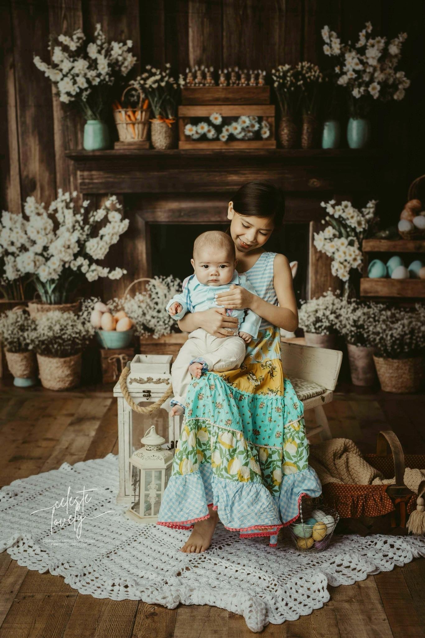 Kate Easter Fireplace Bunny Rustic Floral Backdrop Designed by Emetselch - Kate Backdrop AU