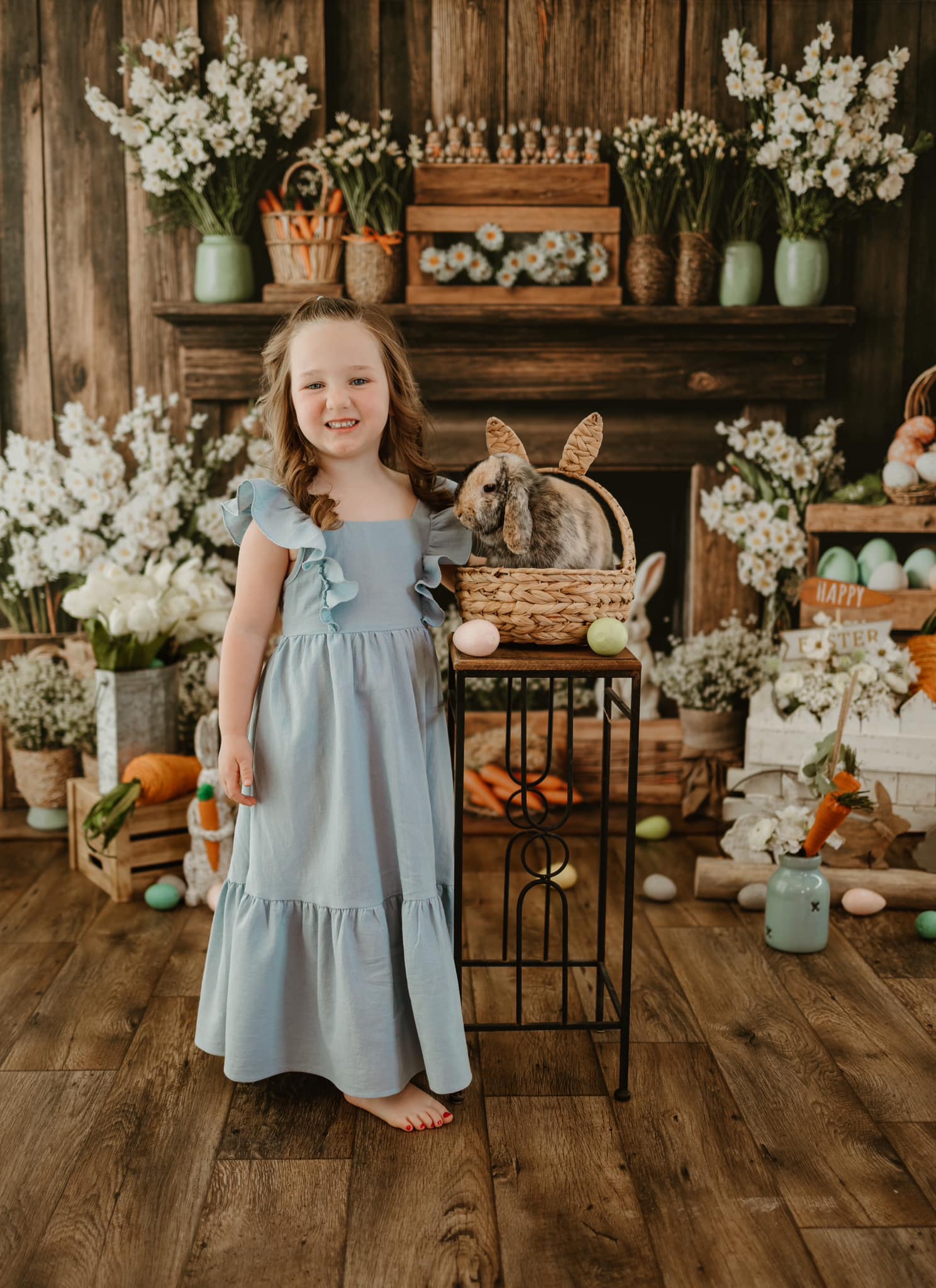 Kate Easter Fireplace Bunny Rustic Floral Backdrop Designed by Emetselch - Kate Backdrop AU