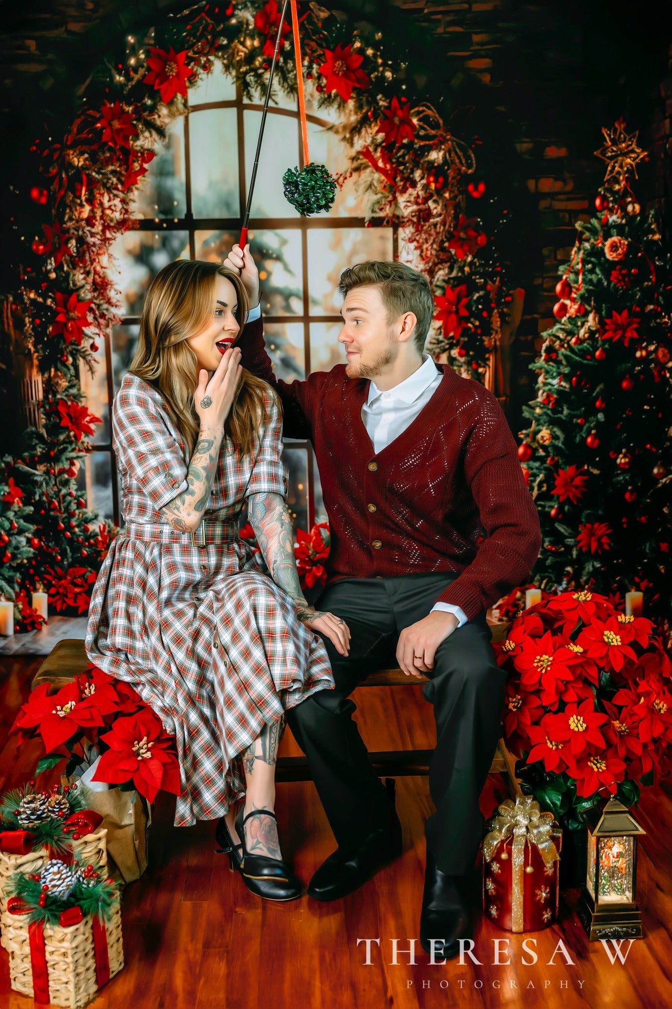 Kate Indoor Christmas Tree Arched Window Brick Wall Backdrop Designed by Emetselch - Kate Backdrop AU