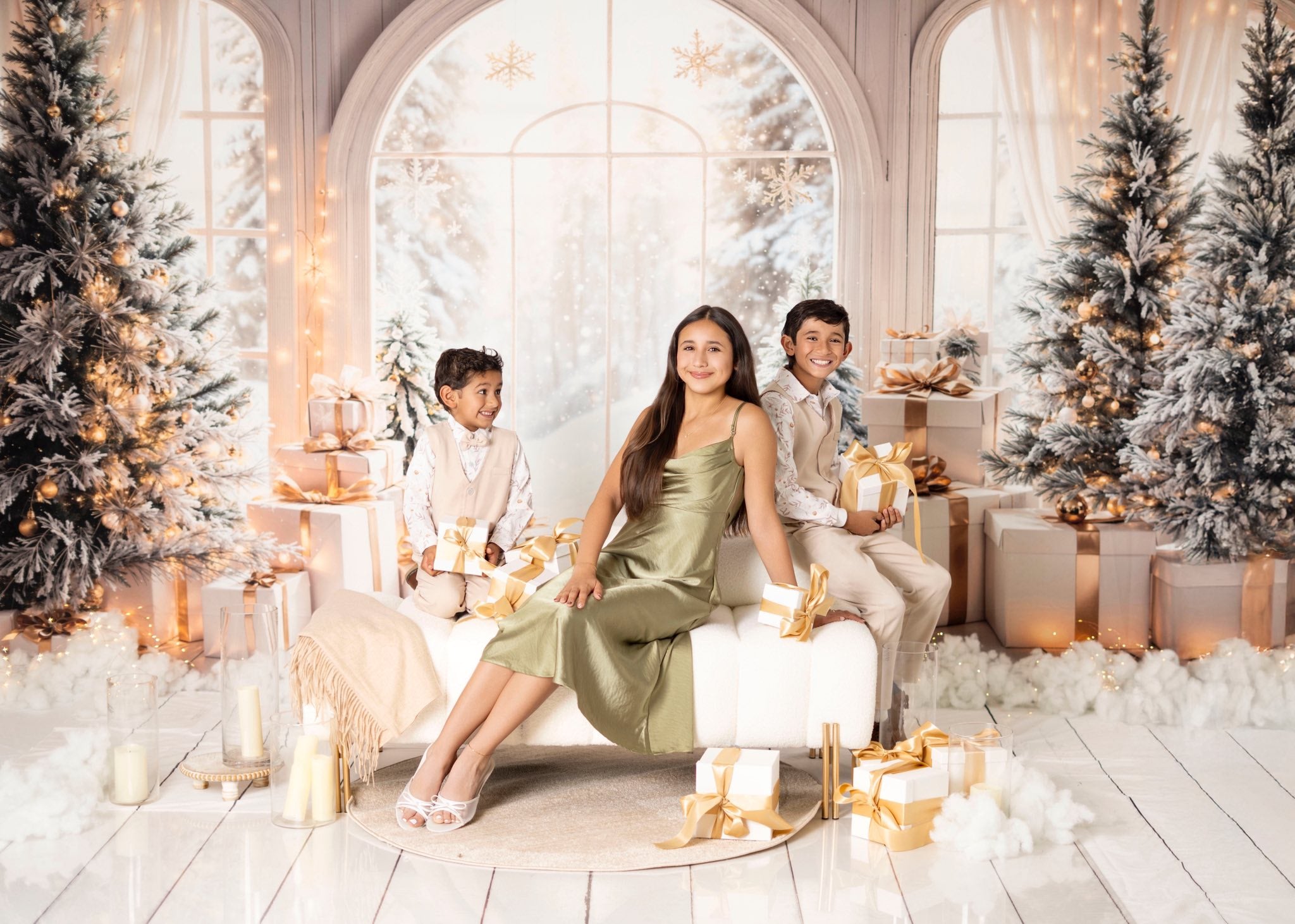 Kate White Arch Christmas Tree Gifts Backdrop+Cream Wood Floor Backdrop