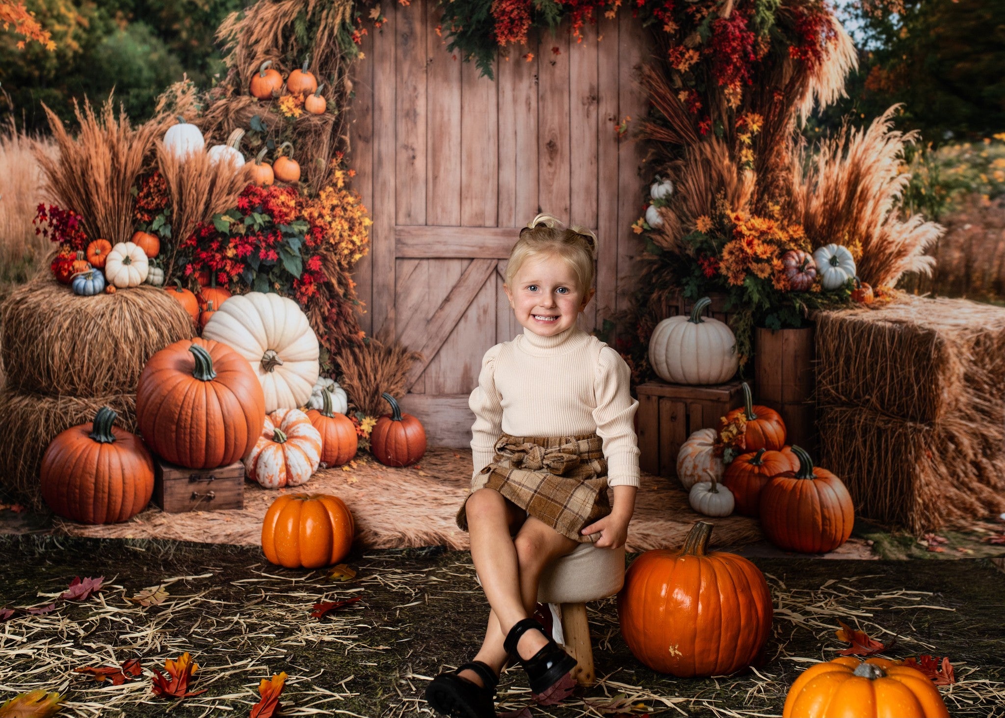 Kate Autumn Backdrop Pumpkins Hay Bales Barn Door Designed by Emetselch - Kate Backdrop AU