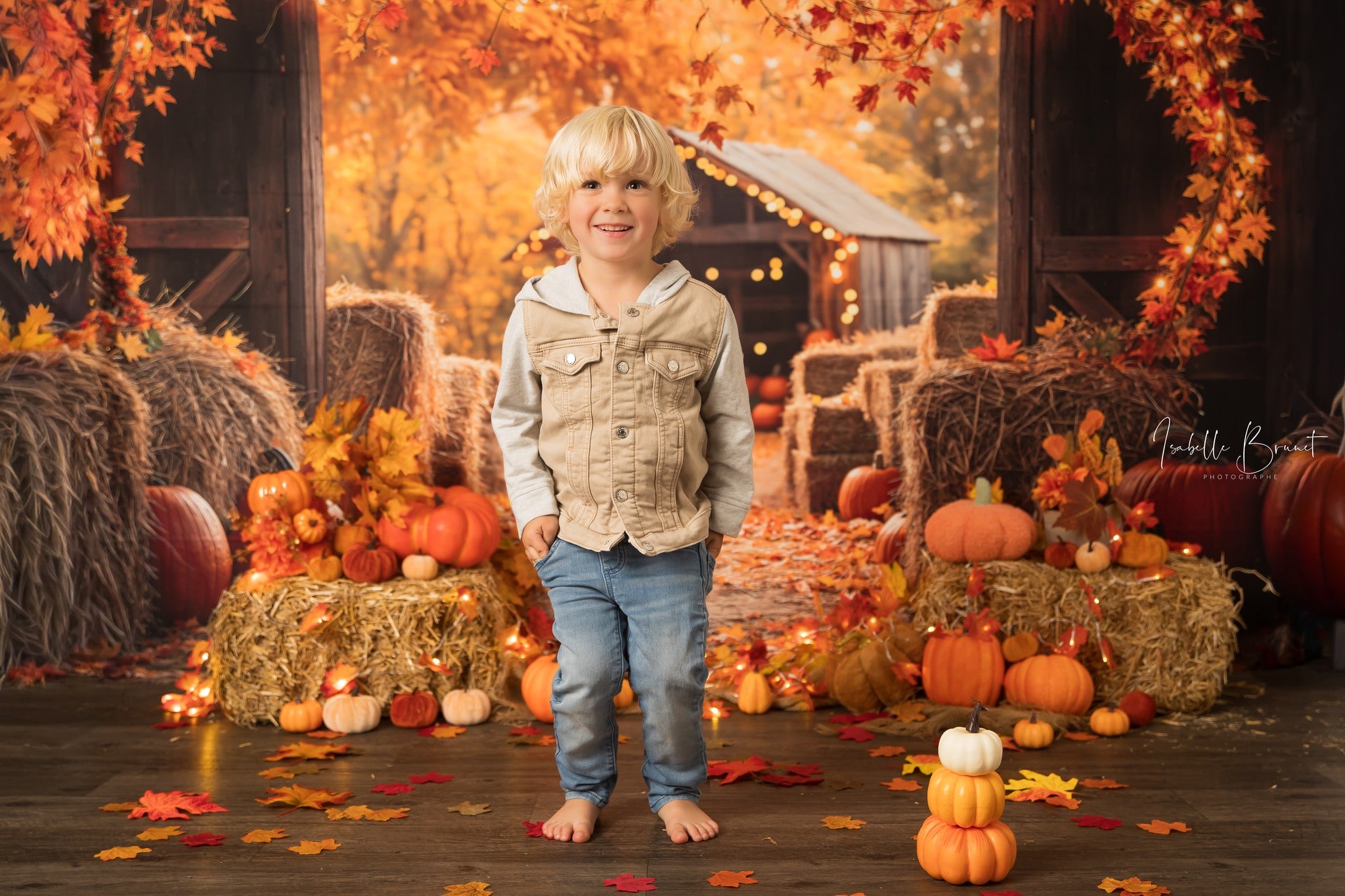 Kate Fall Pumpkin Backdrop Maple Leaf Straw Pile Thanksgiving Day Designed by Emetselch