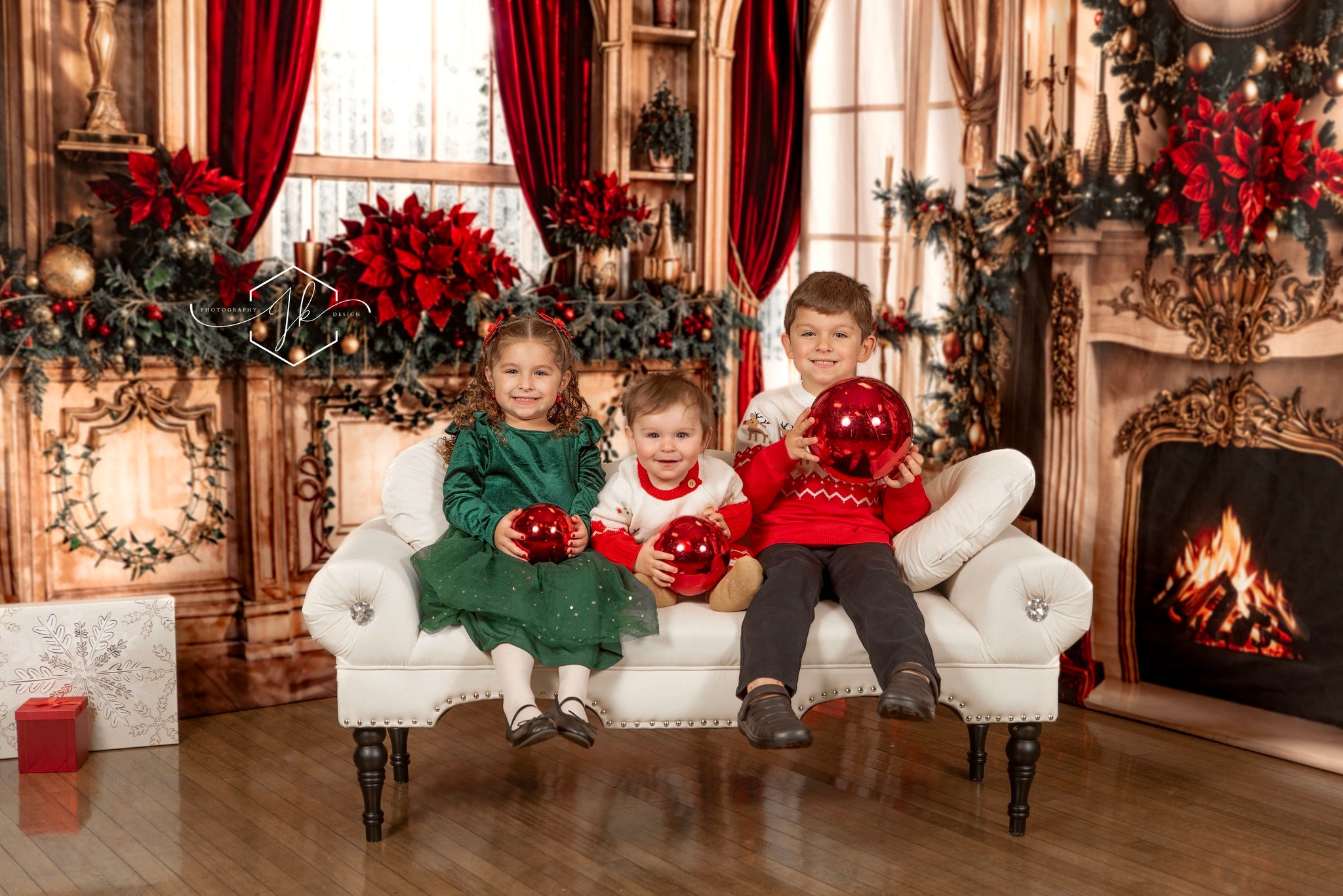 Kate Christmas Fireplace Retro Curtain Window Wreath Room Set - Kate Backdrop AU