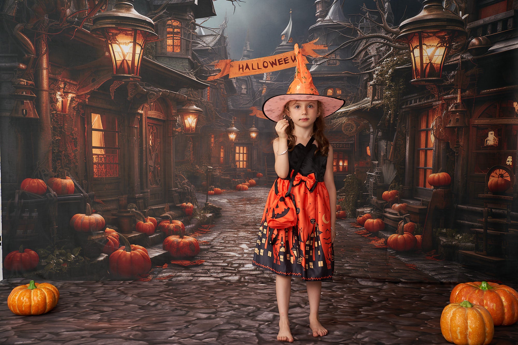 Kate Halloween Pumpkin Street Backdrop+Brown Stone Floor Backdrop - Kate Backdrop AU