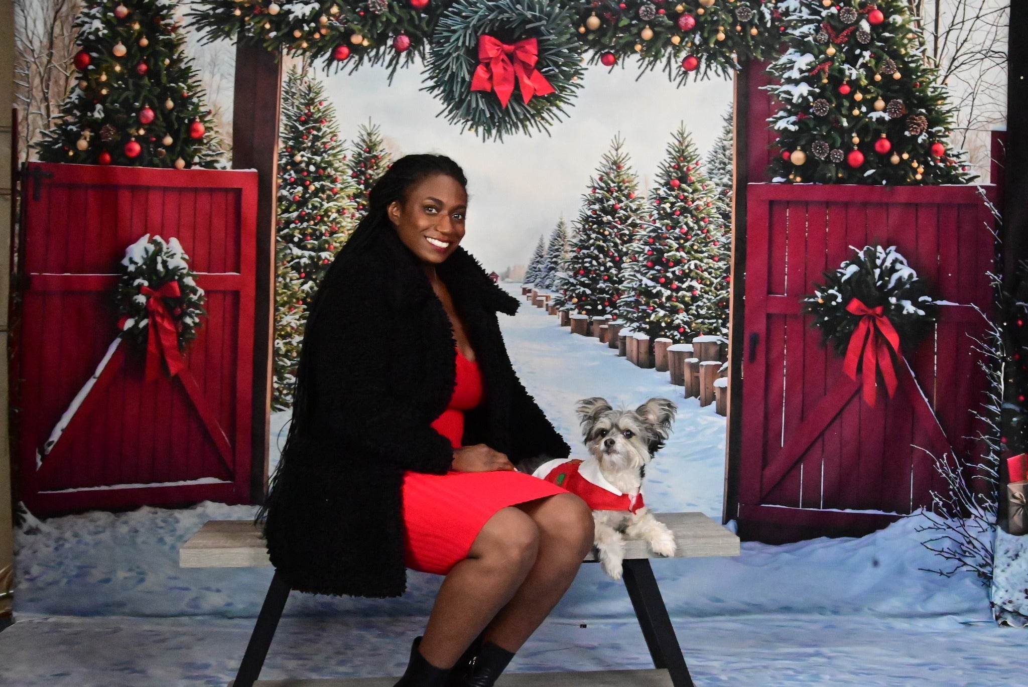 Kate Winter Red Log House Christmas Tree Backdrop Designed by Emetselch - Kate Backdrop AU