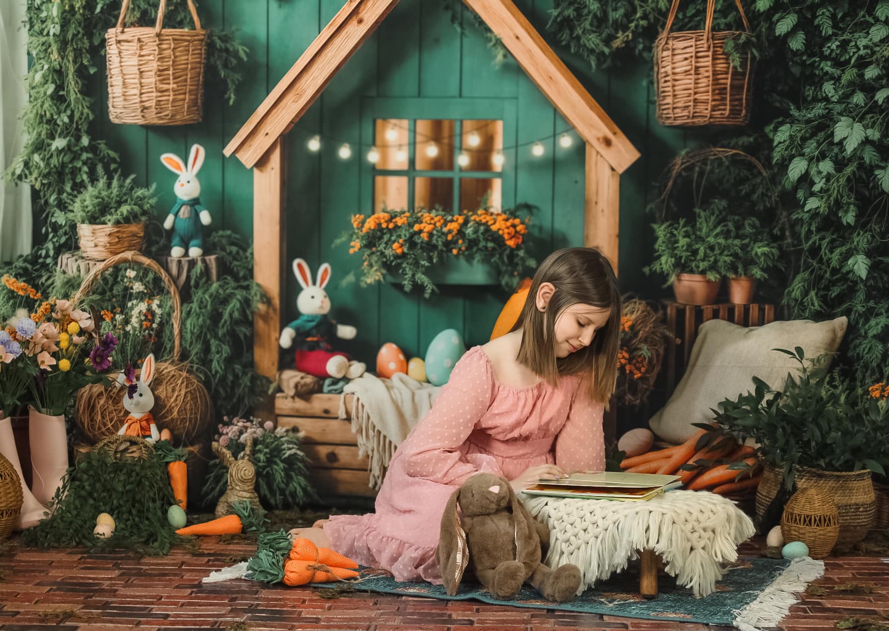 Kate Easter Backdrop Bunny House Basket Blanket Green Designed by Emetselch - Kate Backdrop AU