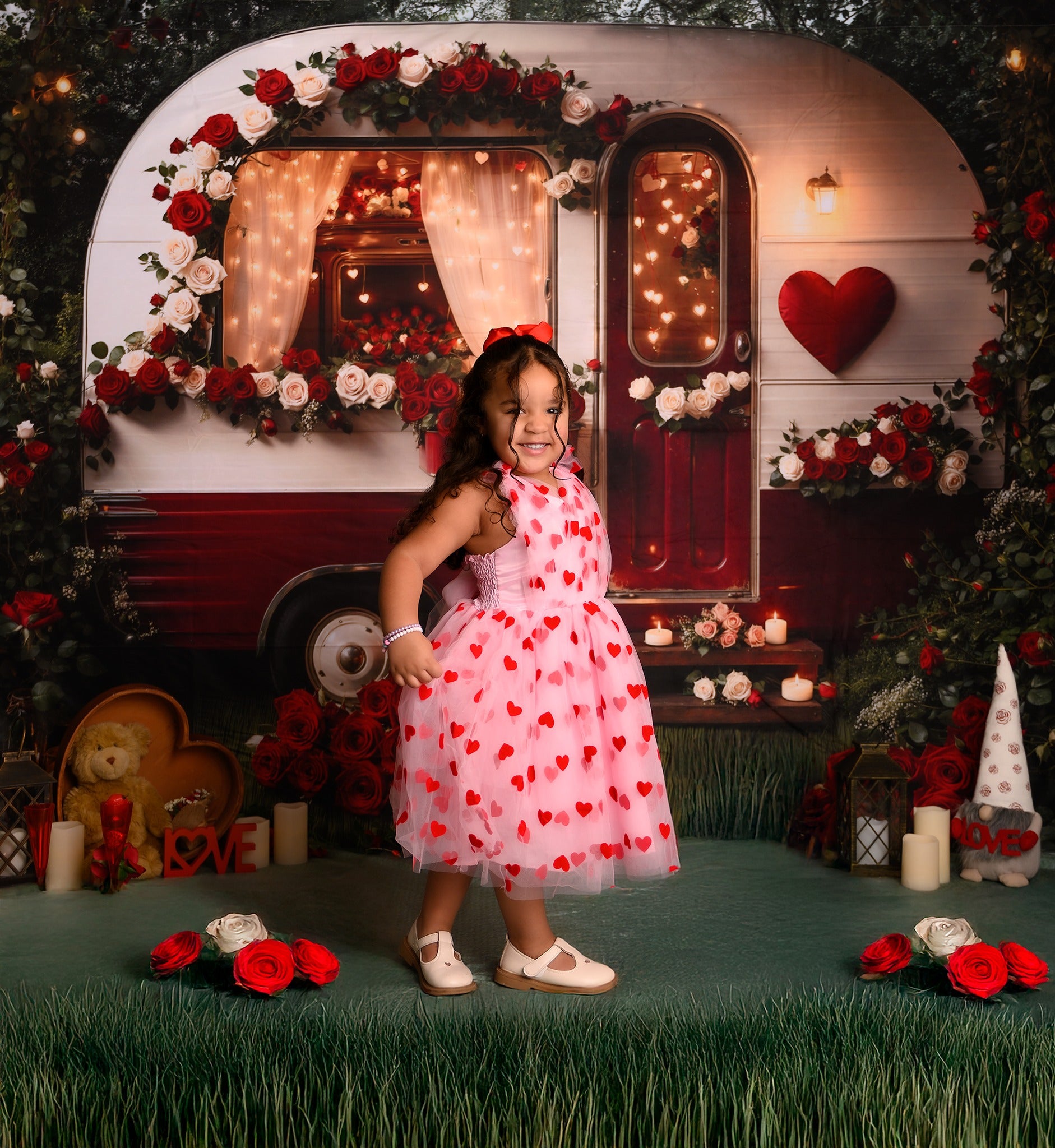 Kate Spring Valentine's Day Camper Backdrop+Flower Green Meadow Floor Backdrop - Kate Backdrop AU