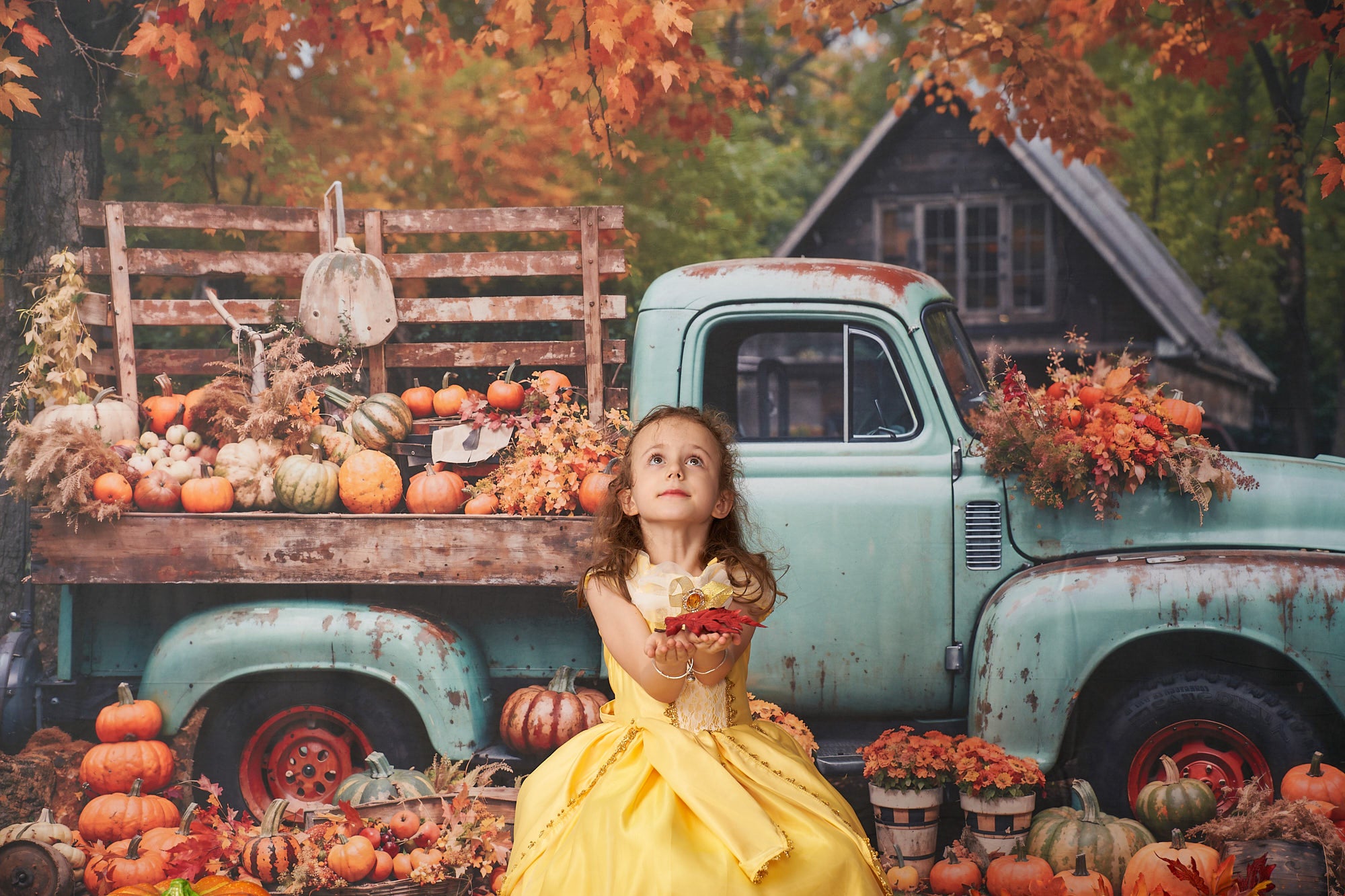 Kate Autumn Truck Backdrop Golden Leaves Old House Designed by Chain Photography - Kate Backdrop AU