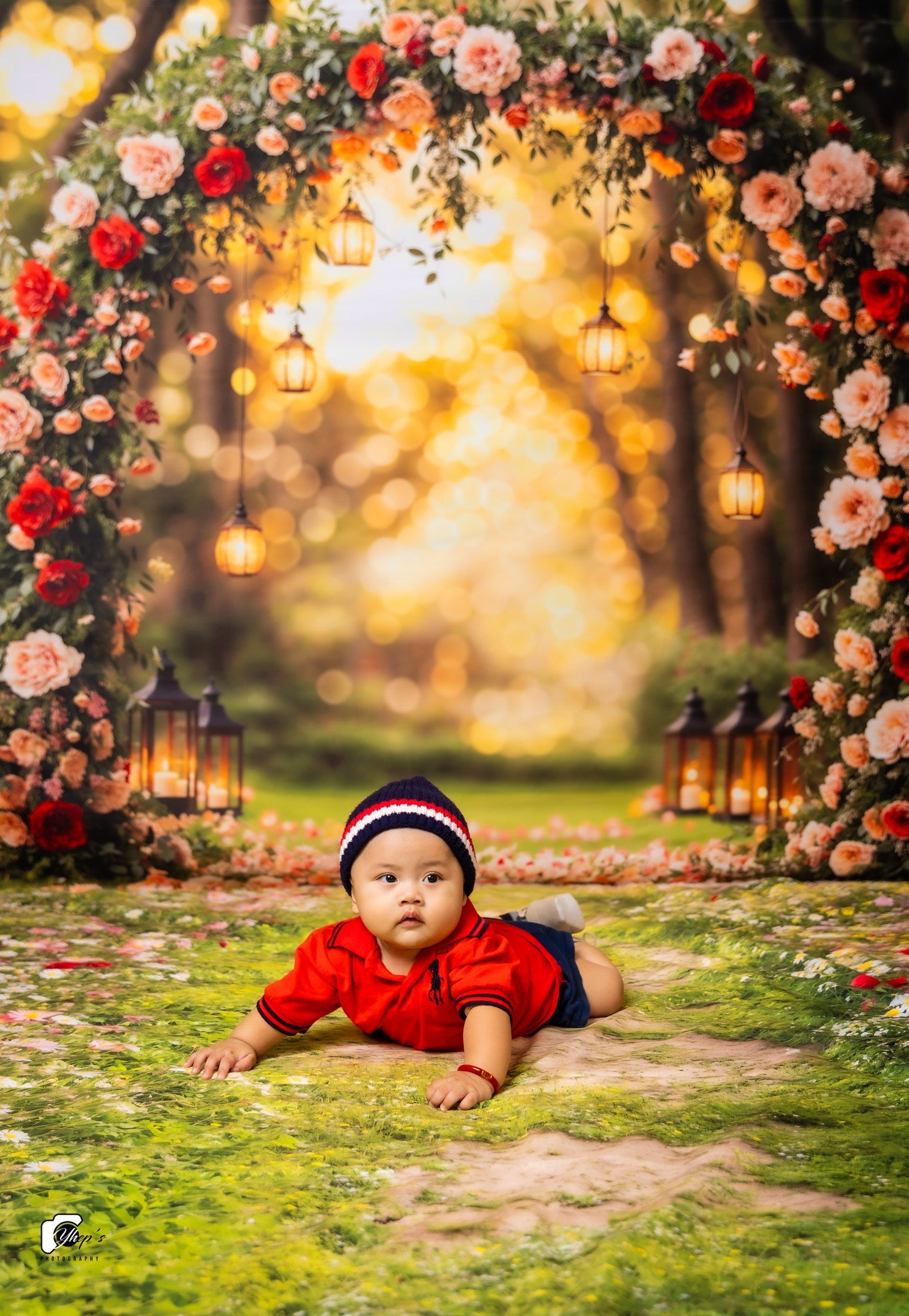 Kate Valentine Flower Arch Backdrop+Spring Floral Pathway Grass Floor Backdrop - Kate Backdrop AU