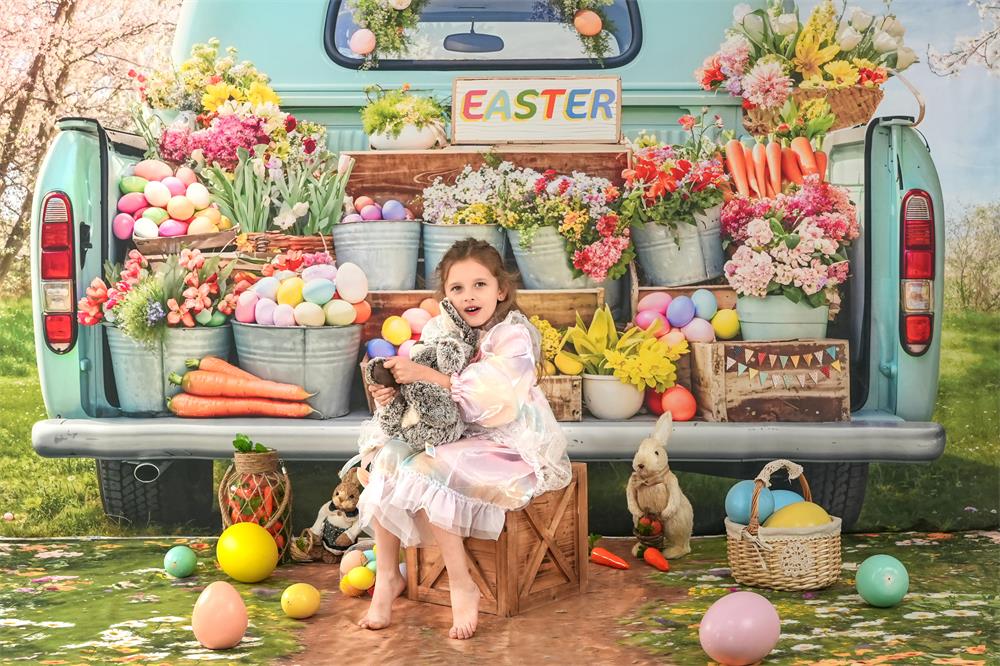 Kate Easter Truck Green Plant Backdrop+Spring Flowers Field Path Floor Backdrop - Kate Backdrop AU