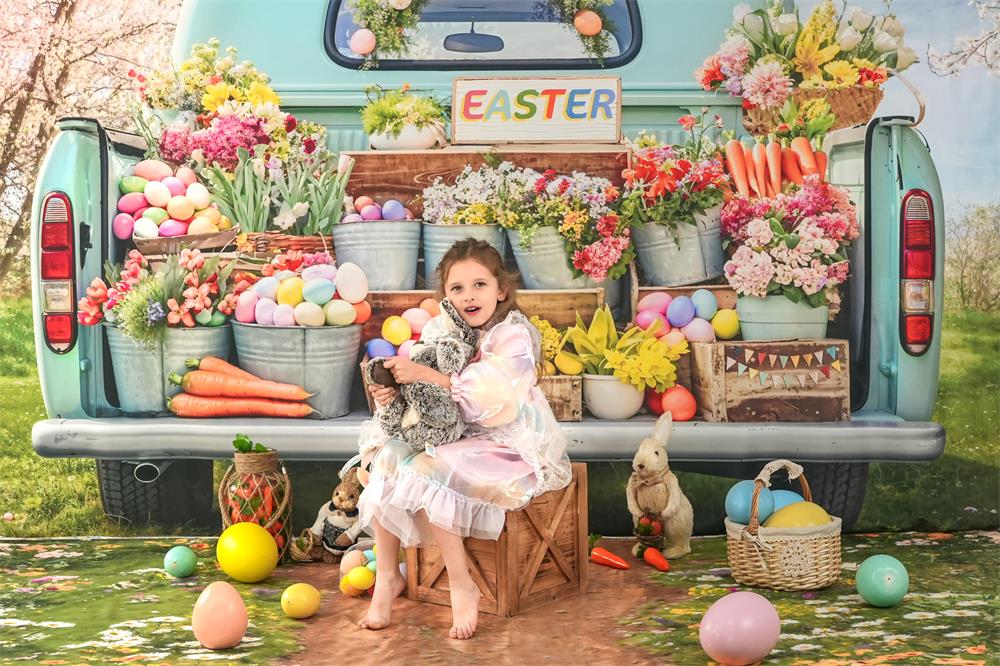 Kate Easter Truck Green Plant Backdrop+Spring Flowers Field Path Floor Backdrop