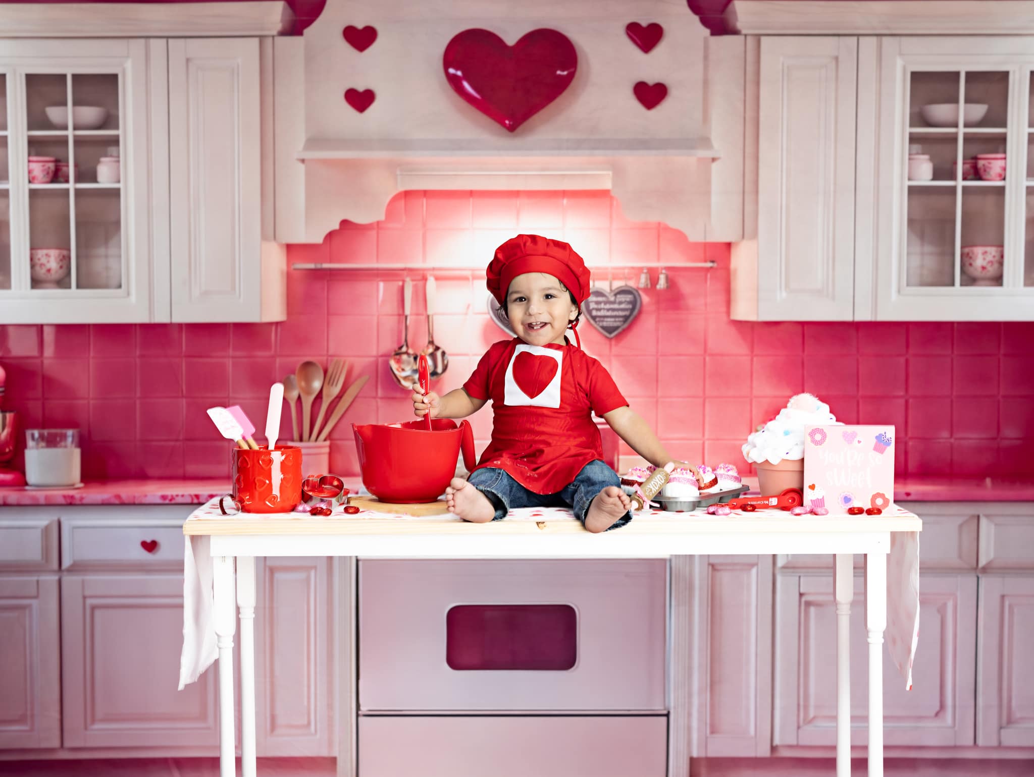 Kate Valentine Pink Heart Kitchen Cabinets Backdrop Designed by Emetselch - Kate Backdrop AU