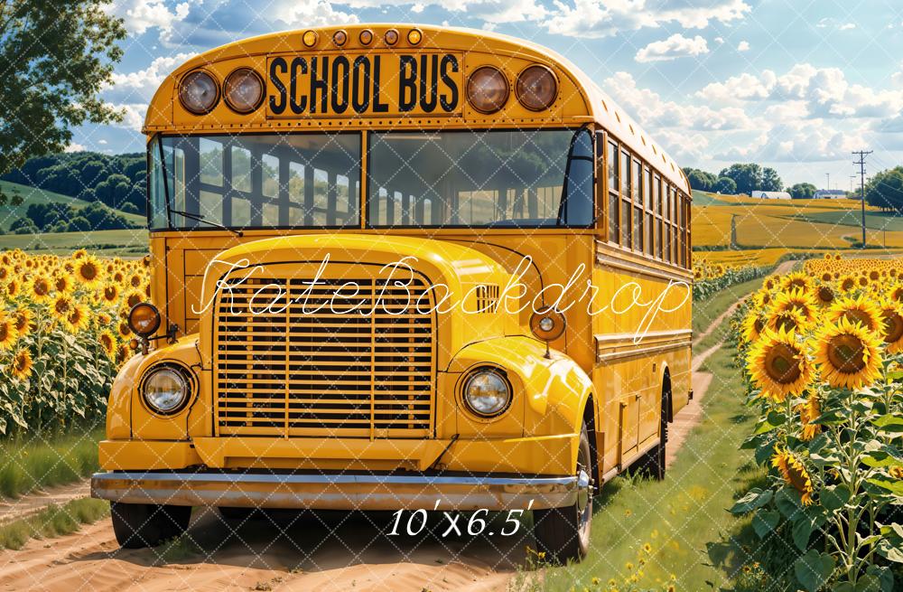 Kate Back to School Bus Sunflowers Fleece Backdrop Designed by Emetselch - Kate Backdrop AU