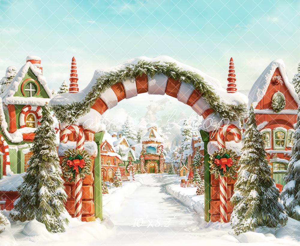 Kate Christmas Candy Cane Arch Snowy Village Backdrop Designed by Chain
