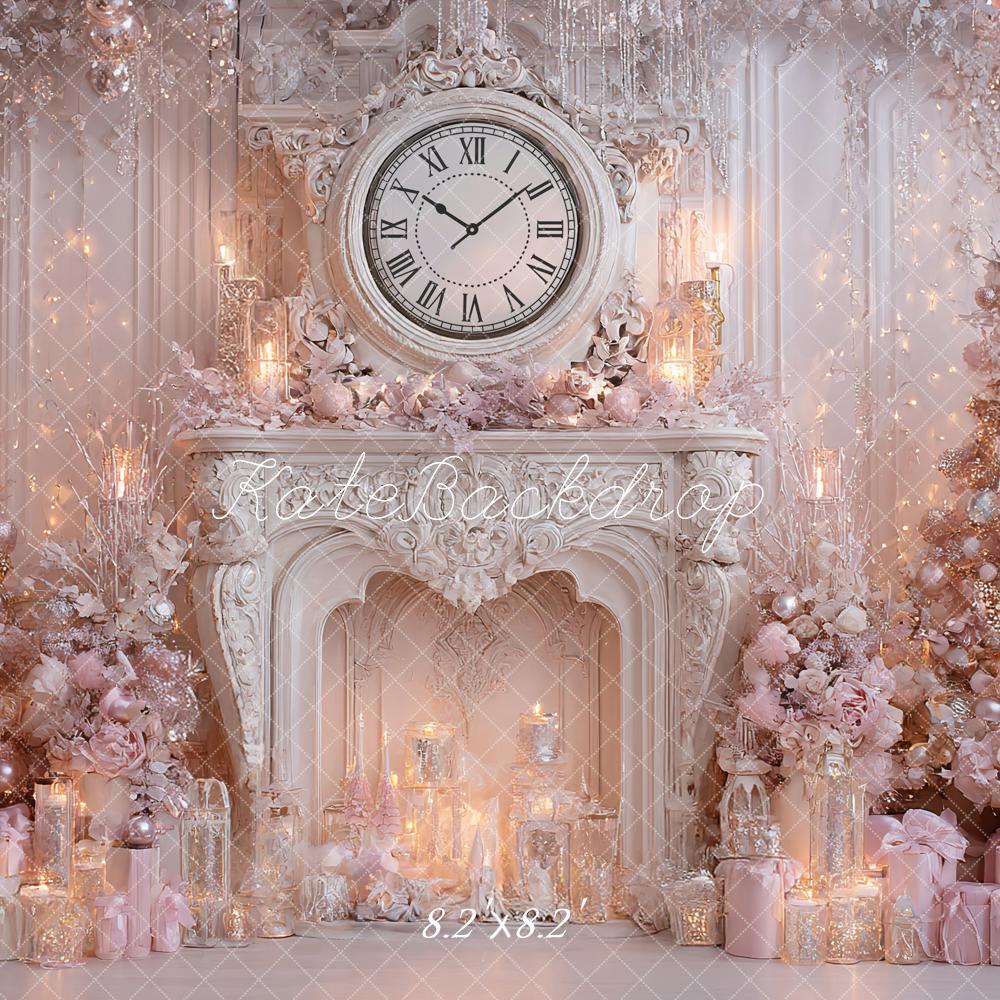 Kate Christmas Pink Trees Fireplace Clock Backdrop Designed by Ashley Paul