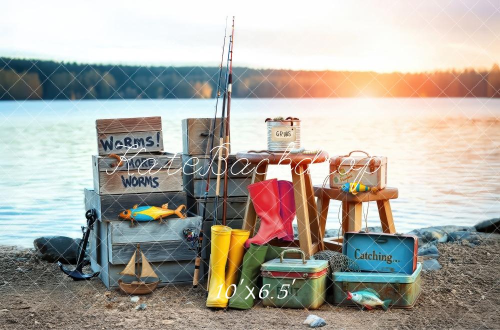 Kate Fishing Rod Boots Crates Lake Backdrop Designed by Laura Bybee - Kate Backdrop AU