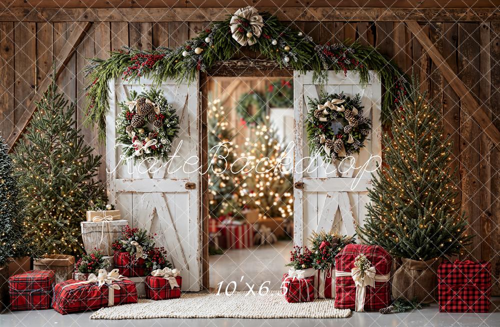 Kate Christmas Barn Door Wreaths Presents Fleece Backdrop Designed by Emetselch - Kate Backdrop AU