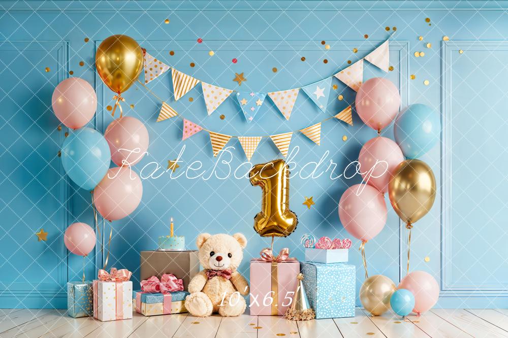 Kate Cake Smash Balloons 1st Blue Fleece Backdrop Designed by Chain