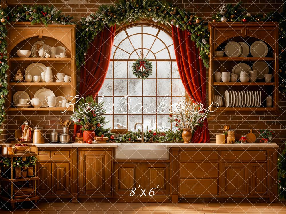 Kate Christmas Kitchen Window Garland Fleece Backdrop Designed by Emetselch
