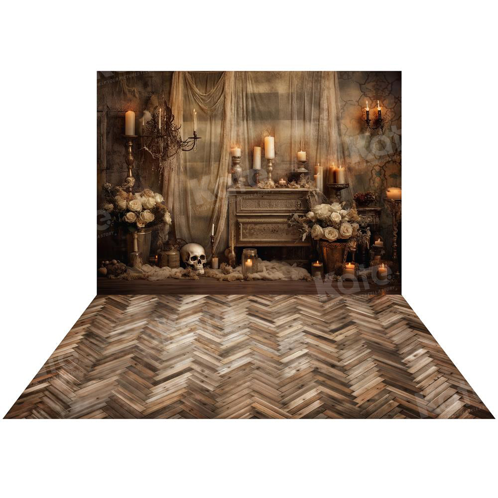 Kate Halloween Skull Candle Backdrop+Brown Wood Floor Backdrop for Photography - Kate Backdrop AU