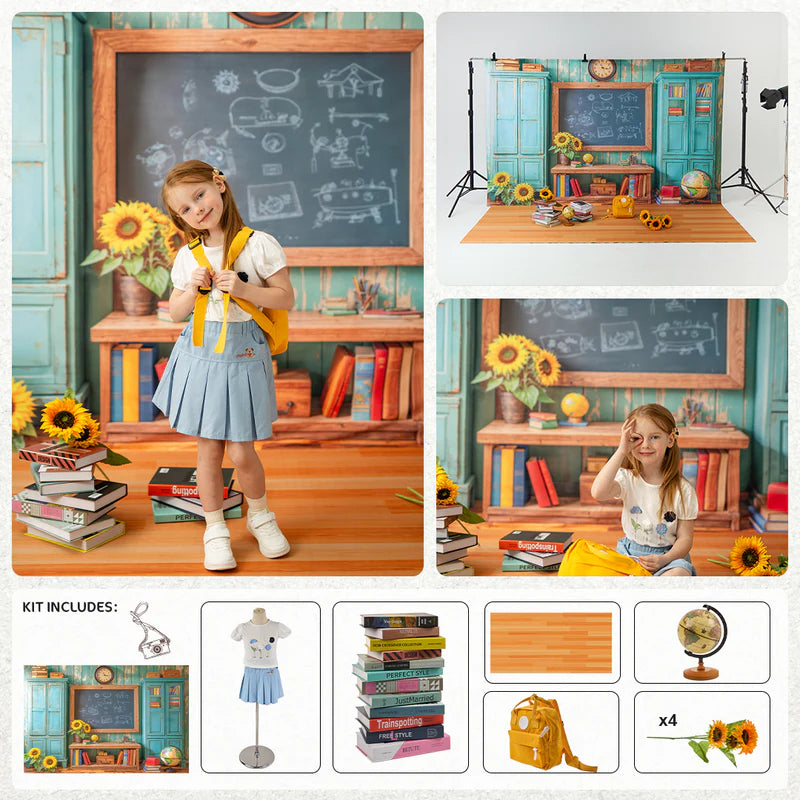Kate Back to School Chalkboard Book Sunflower Photo Kit - Kate Backdrop AU