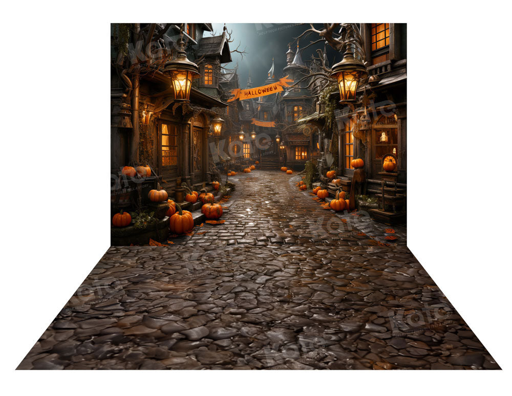 Kate Halloween Pumpkin Street Backdrop+Brown Stone Floor Backdrop