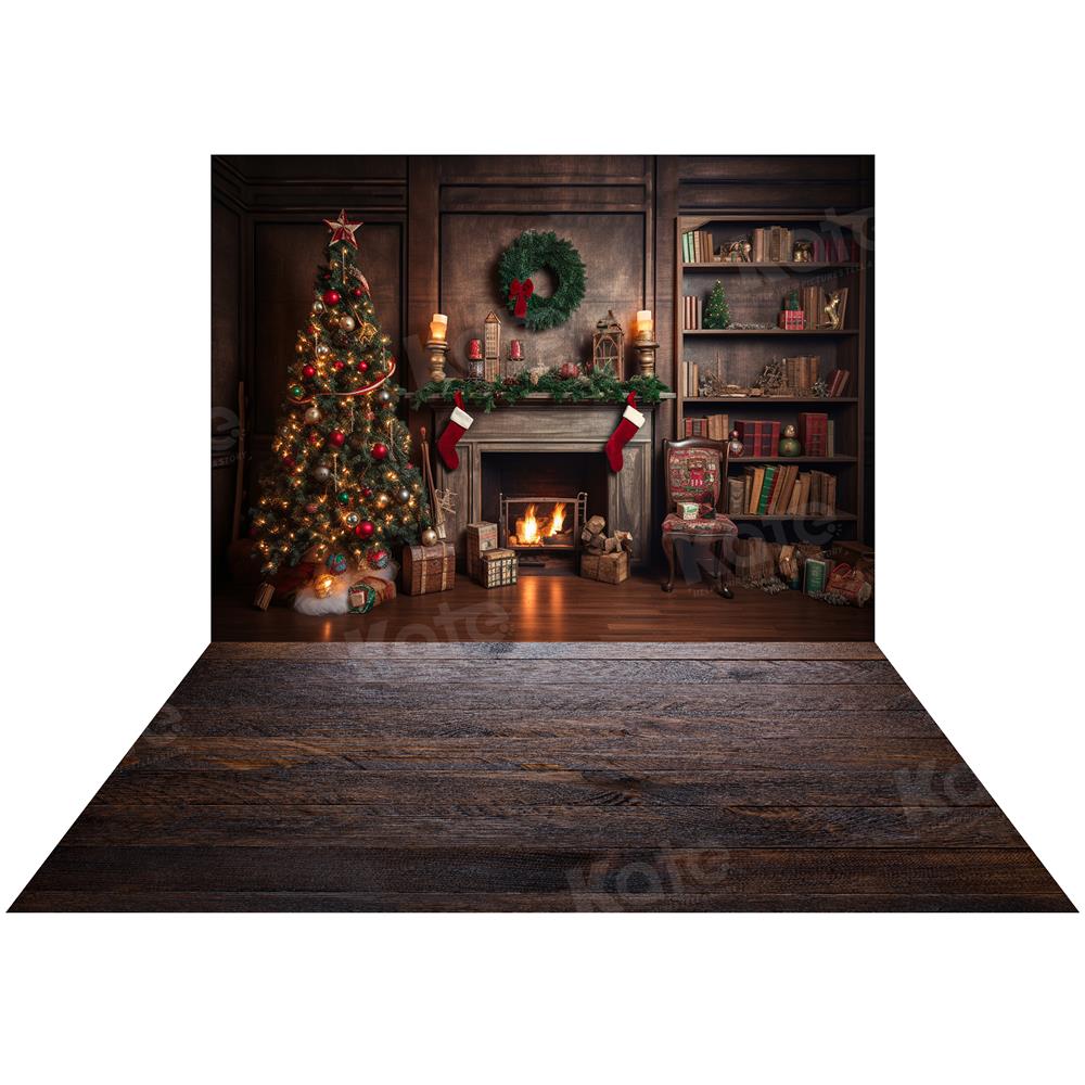 Kate Christmas Tree Fireplace Backdrop+Dark Wood Barn Rubber Floor Mat - Kate Backdrop AU