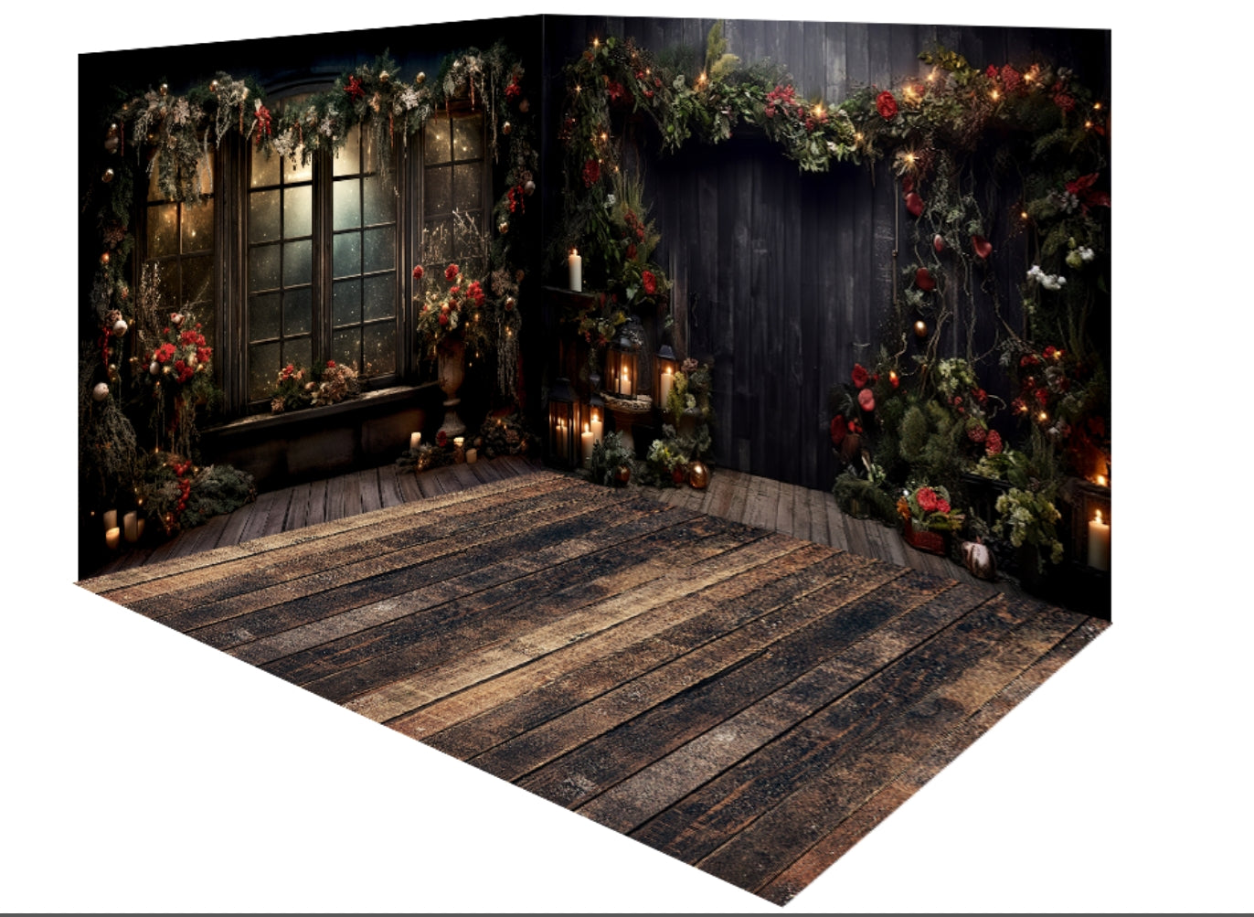 Kate Christmas Holly Window Door Black Room Set(8ftx8ft&10ftx8ft&8ftx10ft) - Kate Backdrop AU
