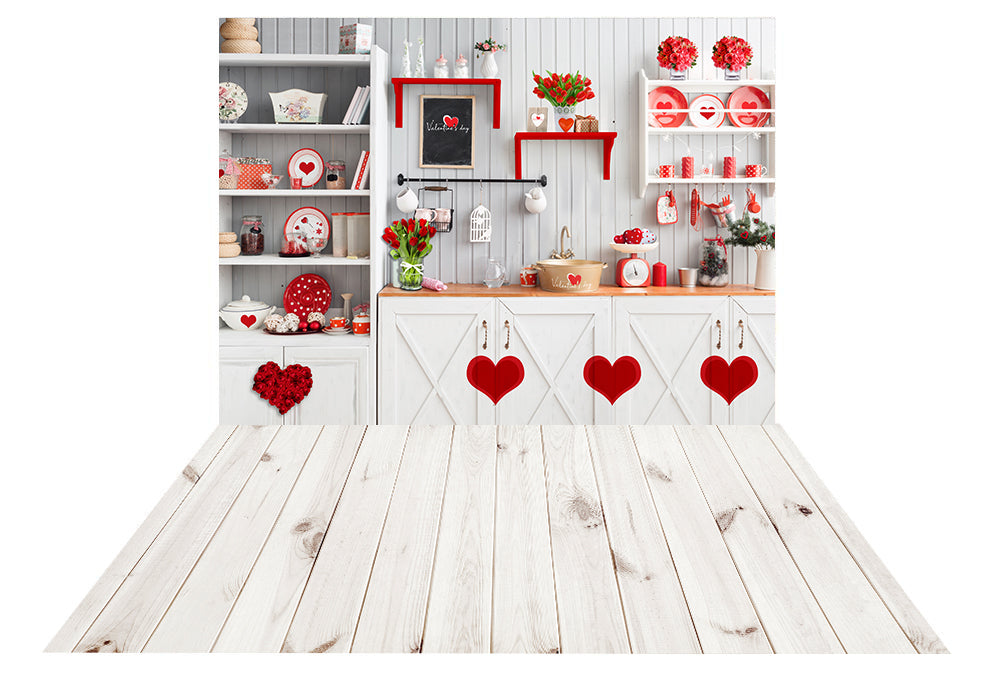 Kate Valentine's Day Kitchen Backdrop + White Wood Grain Rubber Floor Mat - Kate Backdrop AU