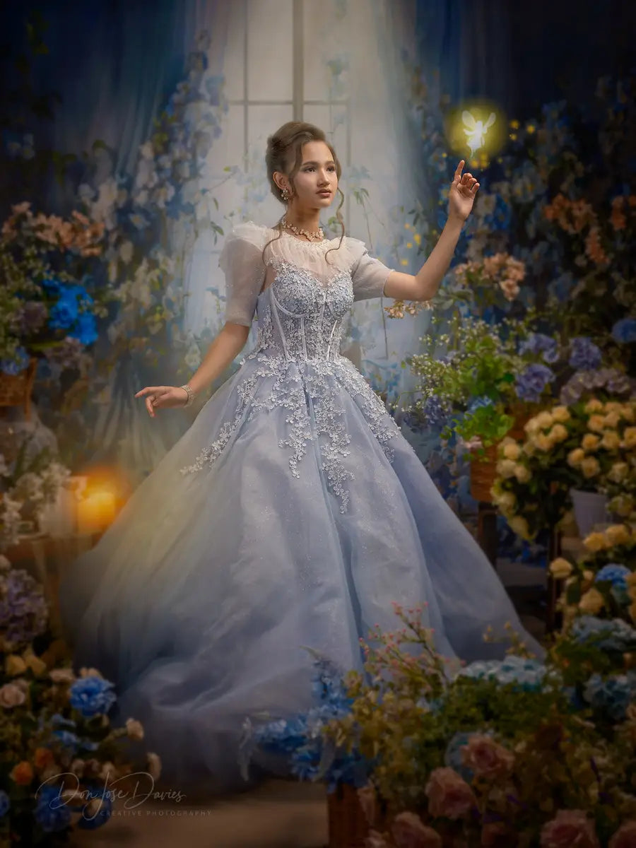 Kate Blue Flower Window Spring Fleece Backdrop Designed by Emetselch - Kate Backdrop AU