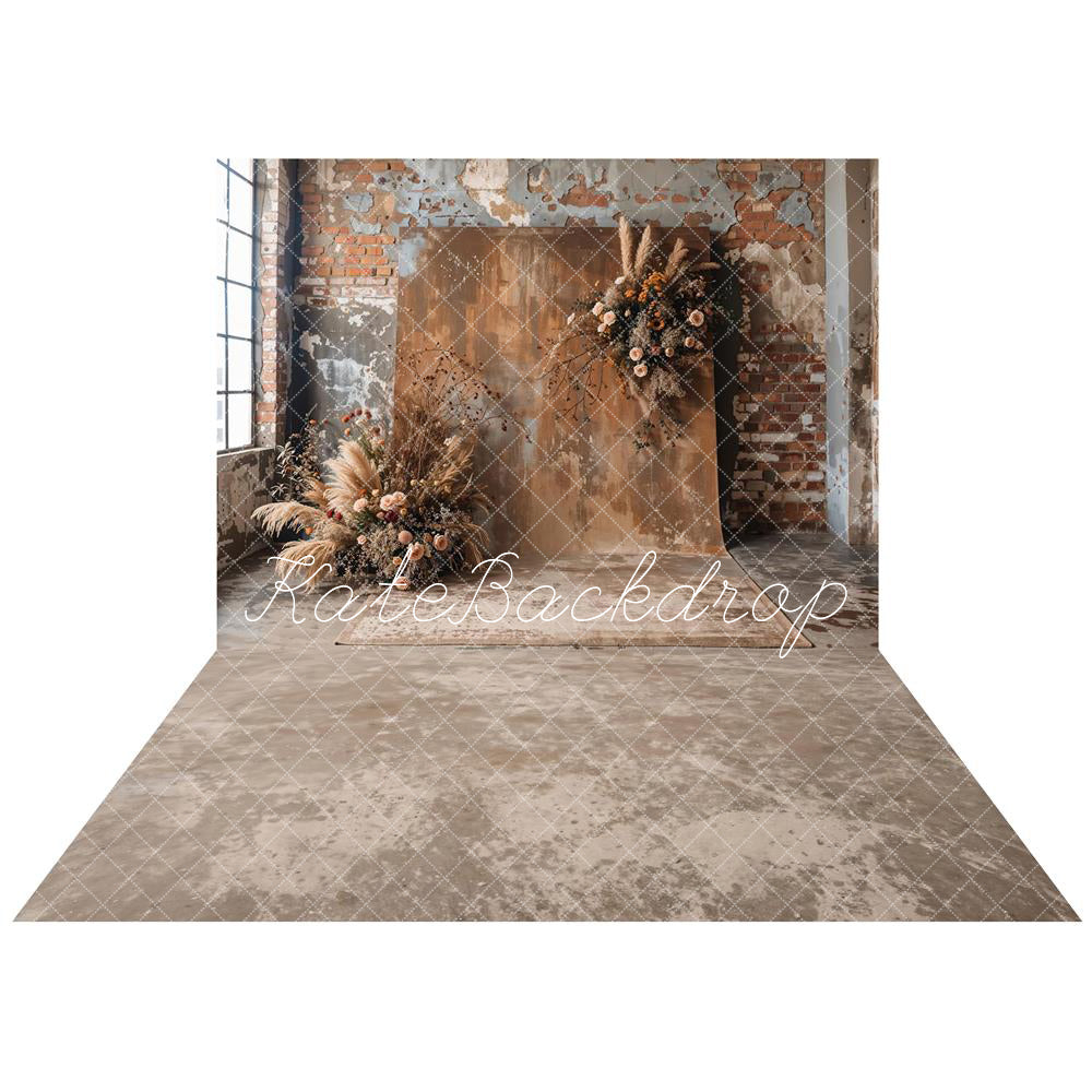 Kate Boho Dried Flower Old Brick Backdrop+Abstract Texture Floor Backdrop - Kate Backdrop AU