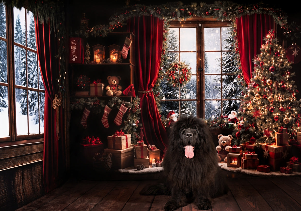 Kate Christmas Tree Red Curtains Wooden House Room Set(8ftx8ft&10ftx8ft&8ftx10ft) - Kate Backdrop AU