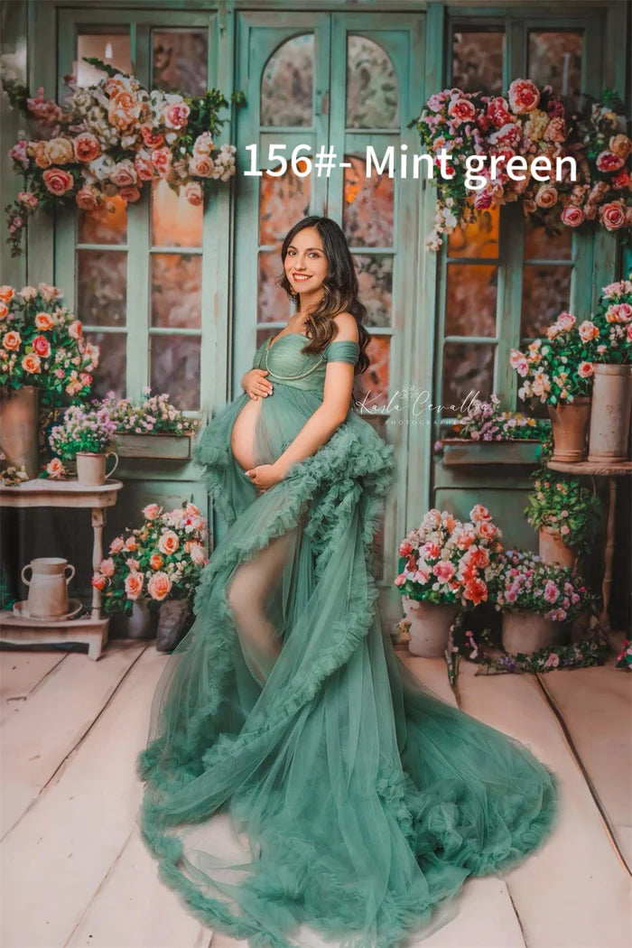 Kate Mint Green One Shoulder Mesh Maternity Photoshoot Dress - Kate Backdrop AU