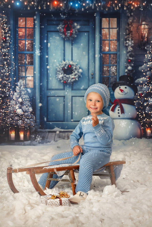 Kate Winter Snowy Blue Door Snowman Backdrop for Photography