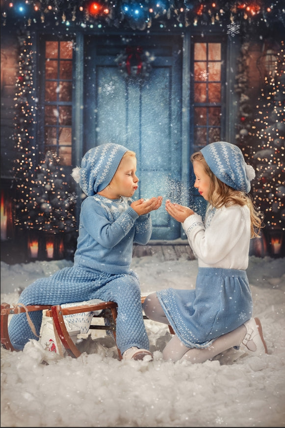 Kate Winter Snowy Blue Door Snowman Backdrop for Photography