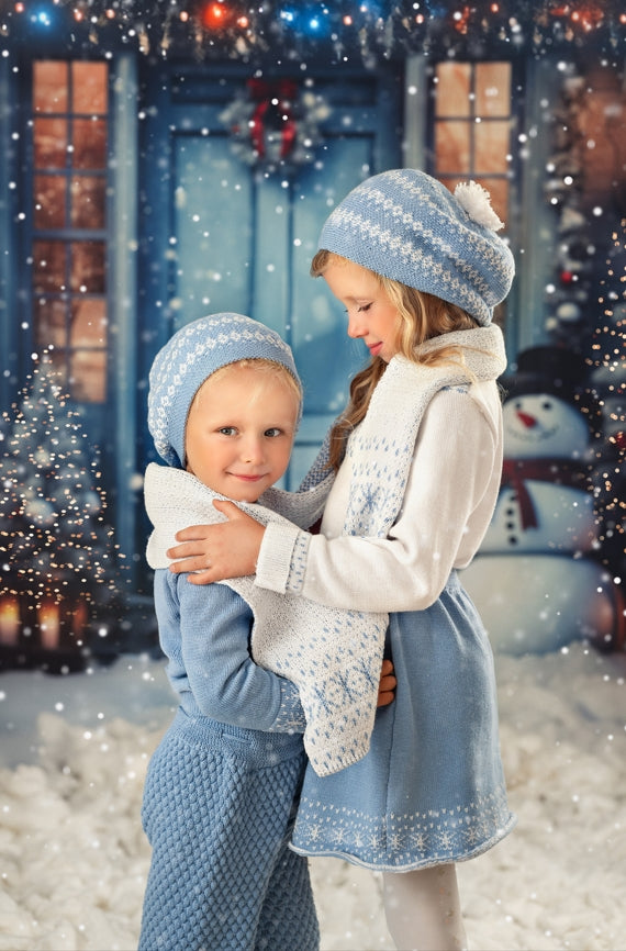 Kate Winter Snowy Blue Door Snowman Backdrop for Photography