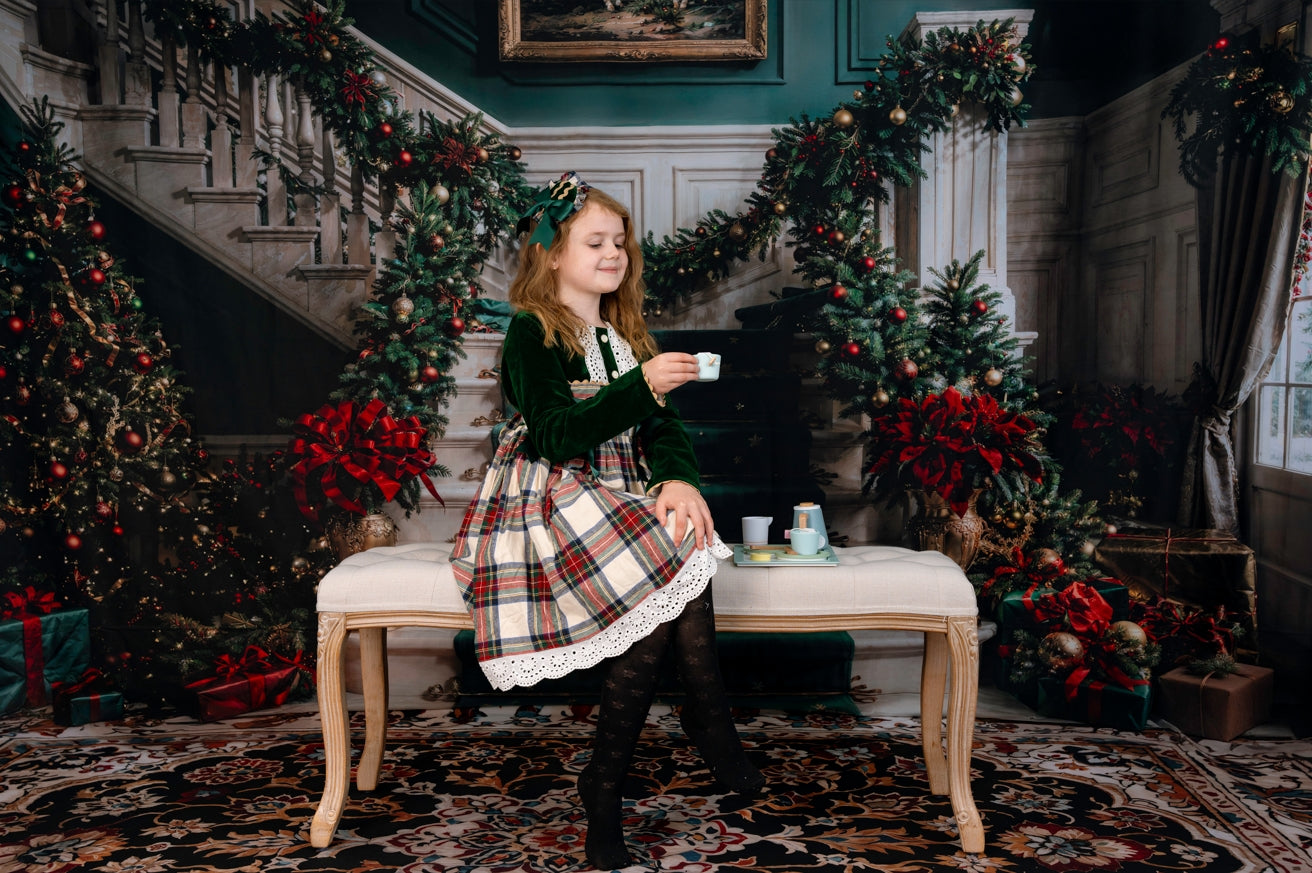 Kate Christmas Green Staircase Backdrop+Vintage Colorful Floral Floor Backdrop - Kate Backdrop AU