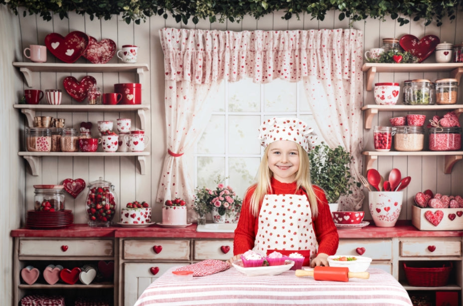 Kate Fleece Valentine's Day Kitchen Backdrop Red Heart Designed by Emetselch - Kate Backdrop AU