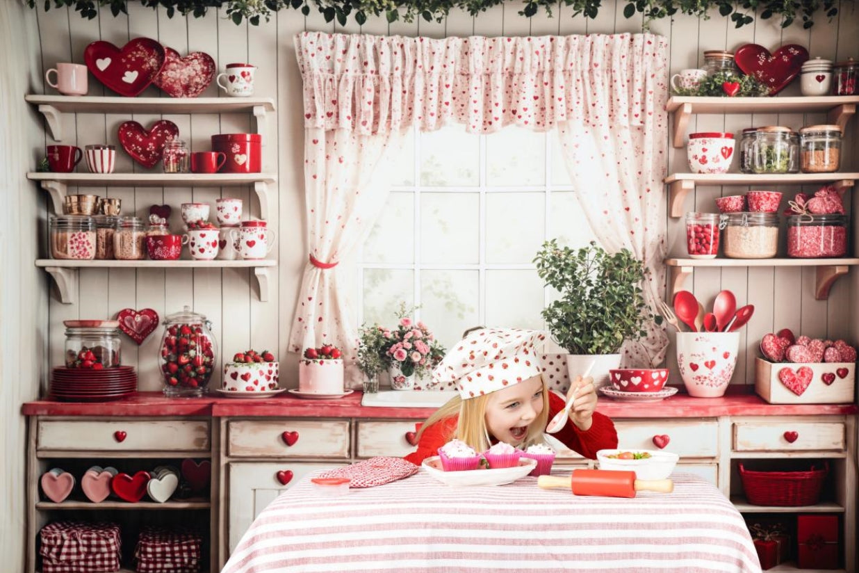 Kate Fleece Valentine's Day Kitchen Backdrop Red Heart Designed by Emetselch - Kate Backdrop AU