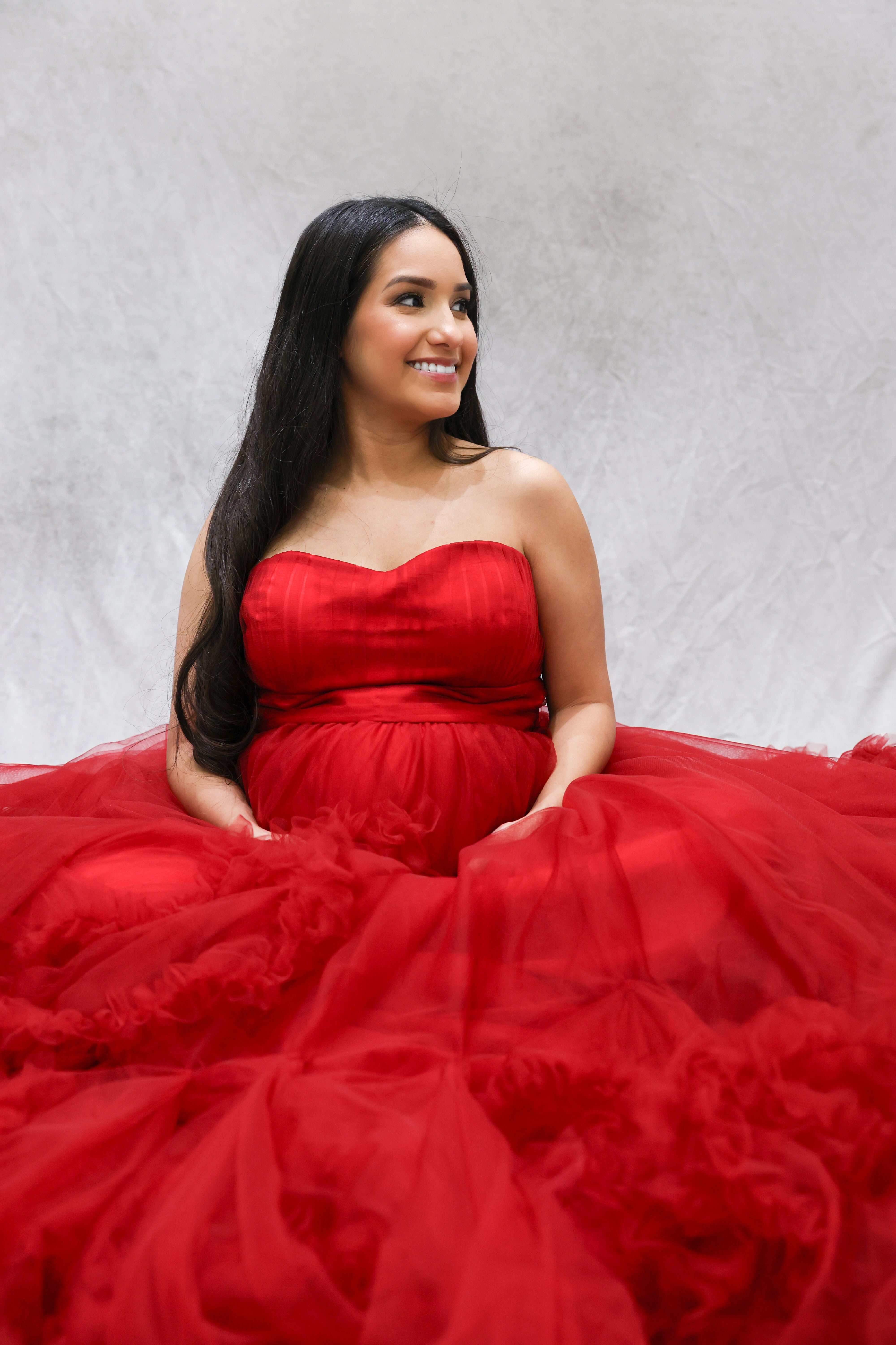 Kate One Shoulder Mesh Red Maternity Photoshoot Dress - Kate Backdrop AU