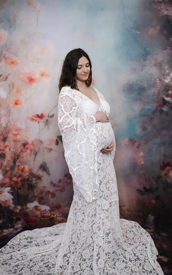 Kate Lace V-neck Trailing White Maternity Photoshoot Dress - Kate Backdrop AU